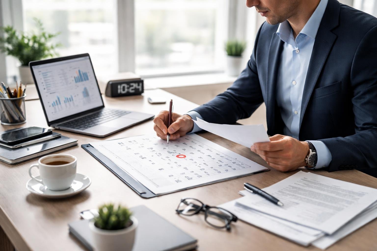 A business professional working at a desk with a laptop and documents, preparing for an important certification deadline in a bright office.
