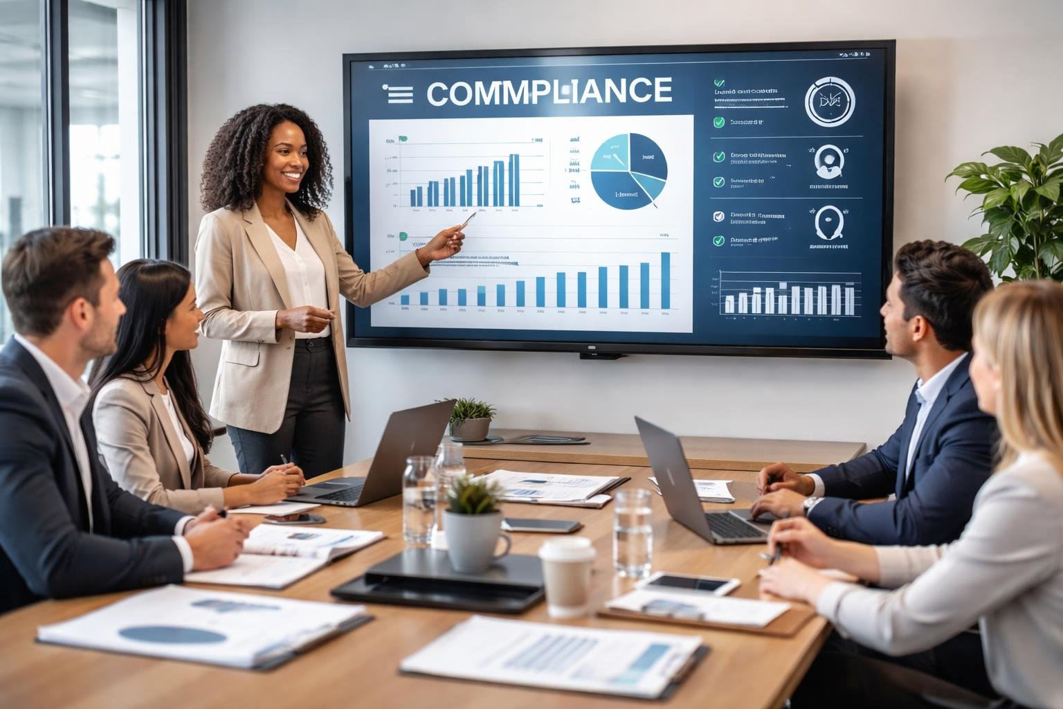 A diverse group of business professionals having a meeting in a modern office, with a woman presenting data on a large screen and colleagues listening attentively around a conference table.