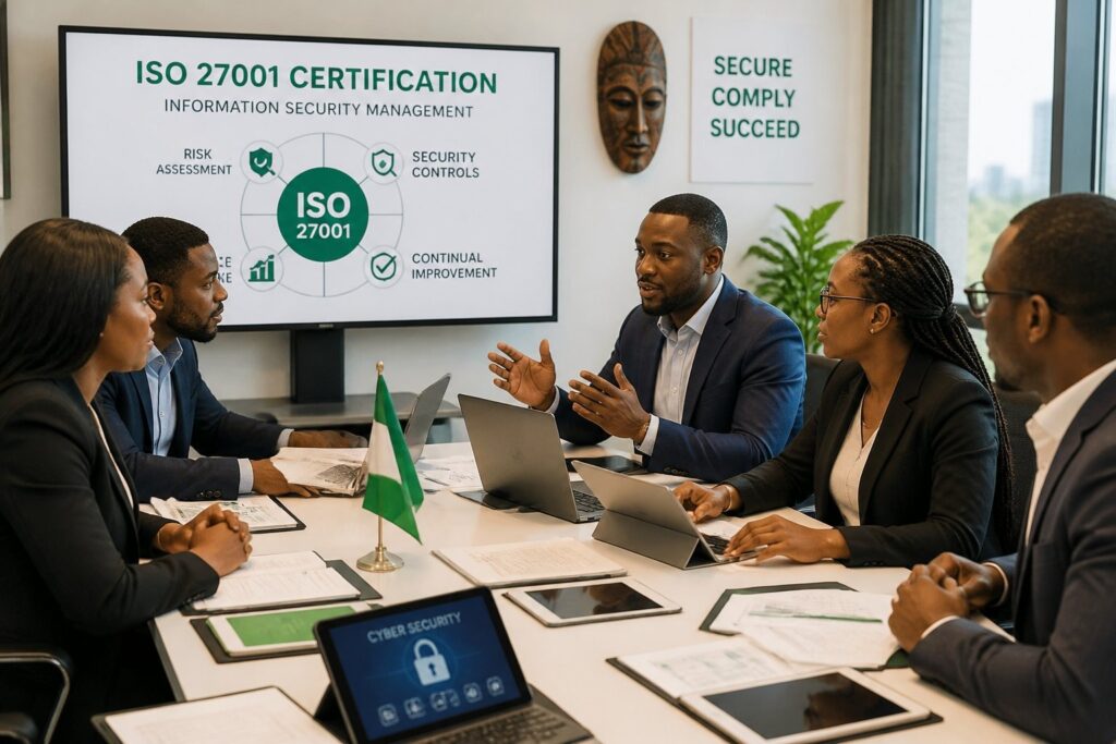 ISO 27001 certification process Nigeria 2026 — business professionals reviewing ISMS documentation