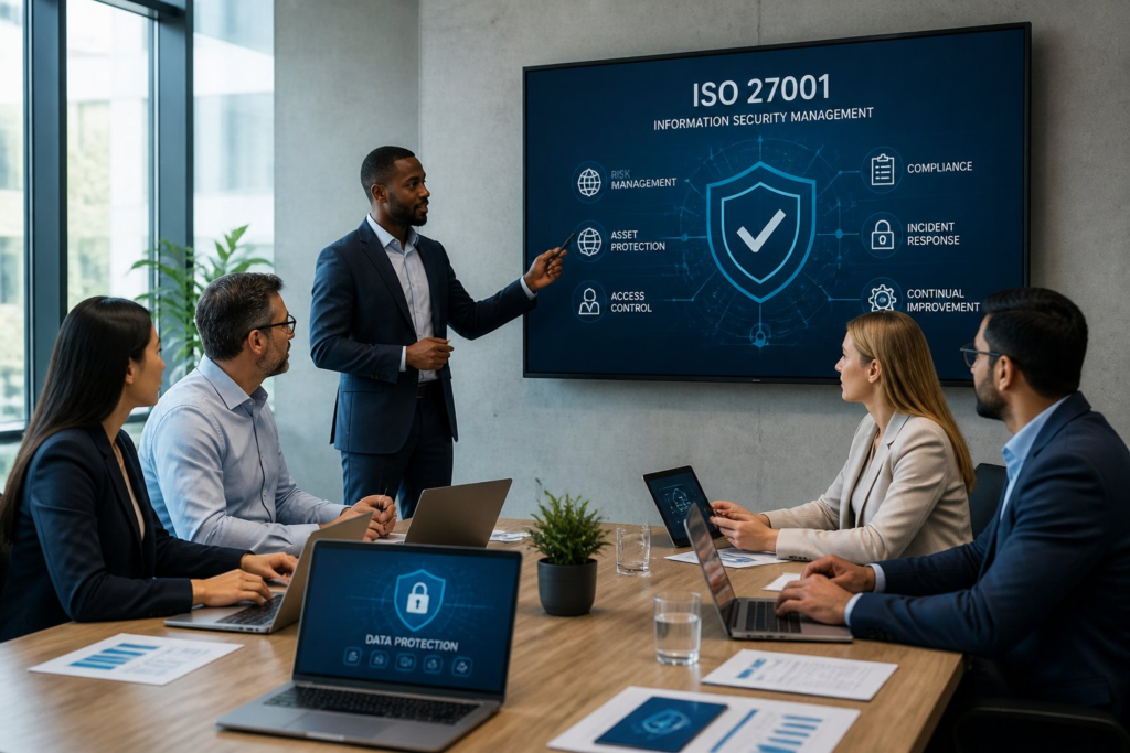 ISO 27001 NDPA 2023 compliance Nigeria 2026 — business professionals reviewing data protection and information security frameworks